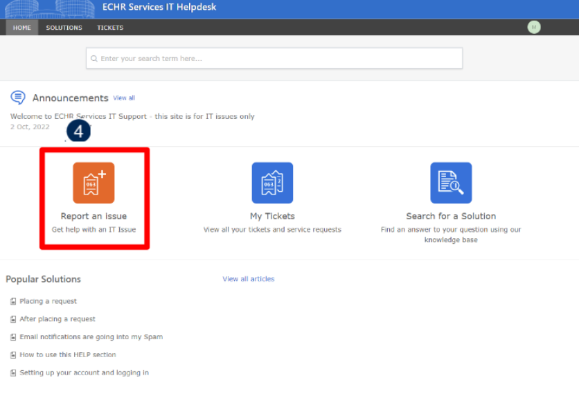 ECHR Services IT Helpdesk report issue screen